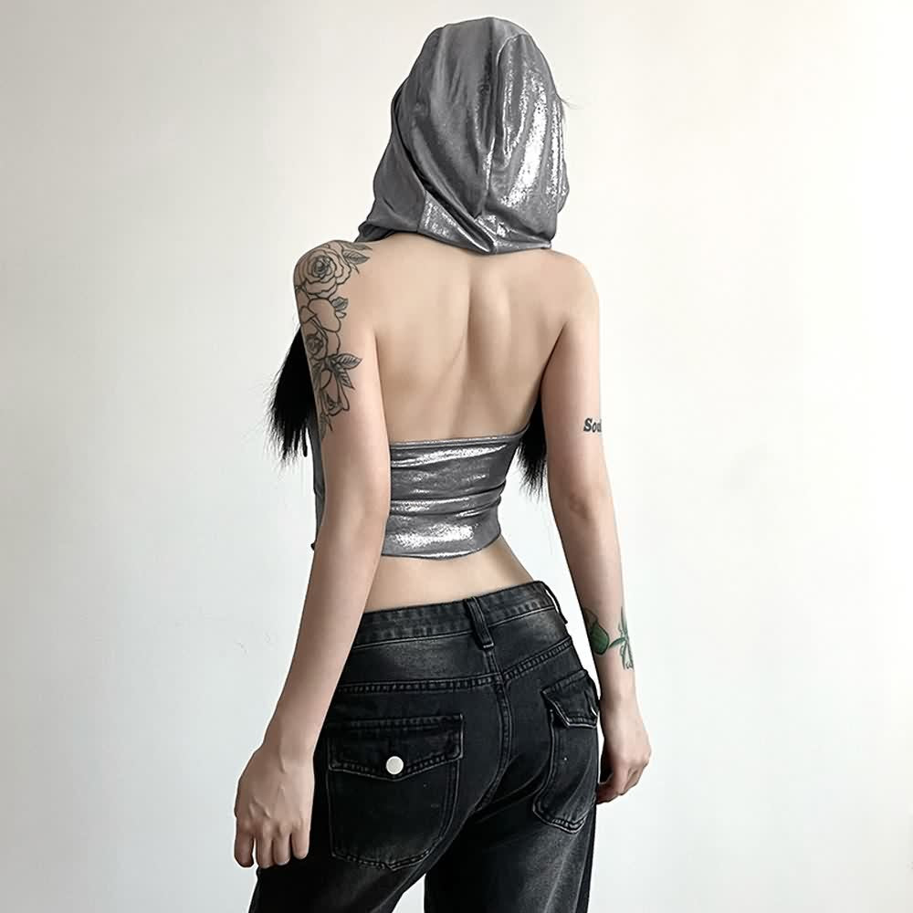 Silver Metallic Hooded Crop Top