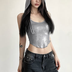 Silver Metallic Hooded Crop Top