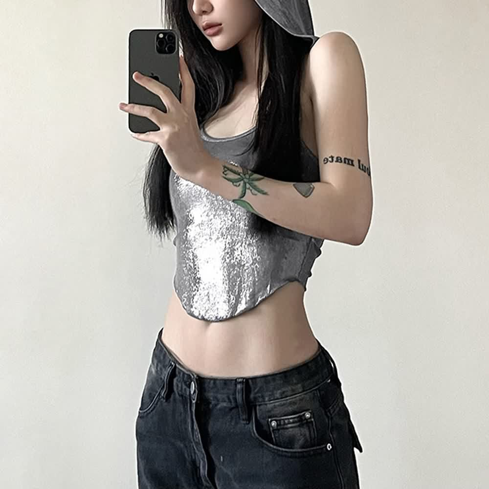 Silver Metallic Hooded Crop Top