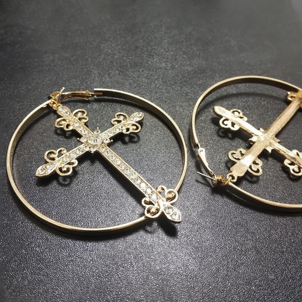 Sparkle Victorian Gothic Cross Hoop Earrings