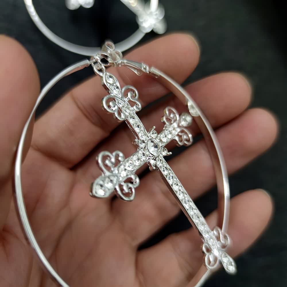 Sparkle Victorian Gothic Cross Hoop Earrings