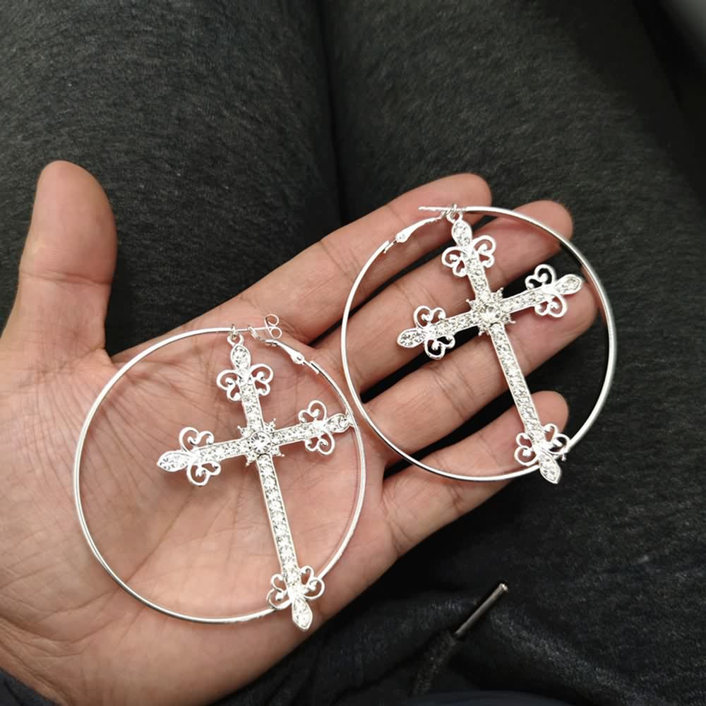 Sparkle Victorian Gothic Cross Hoop Earrings