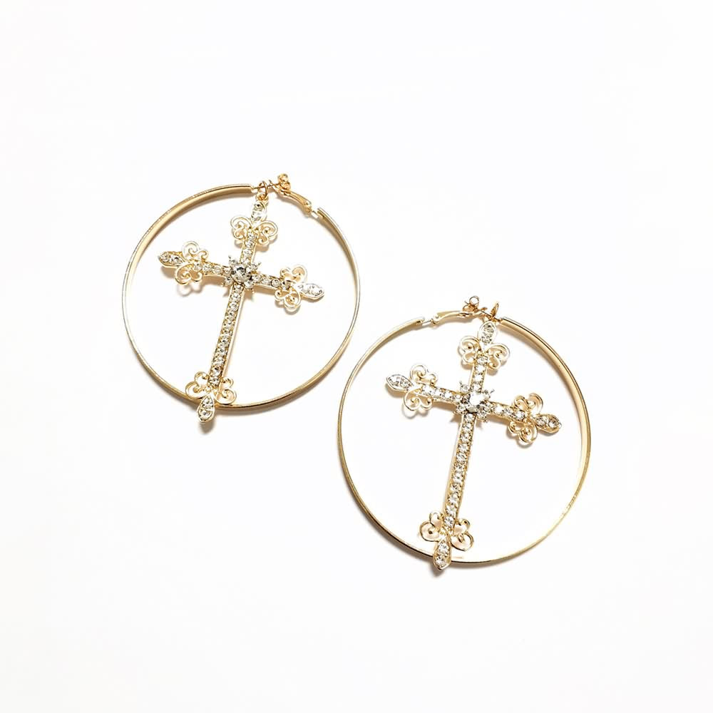 Sparkle Victorian Gothic Cross Hoop Earrings