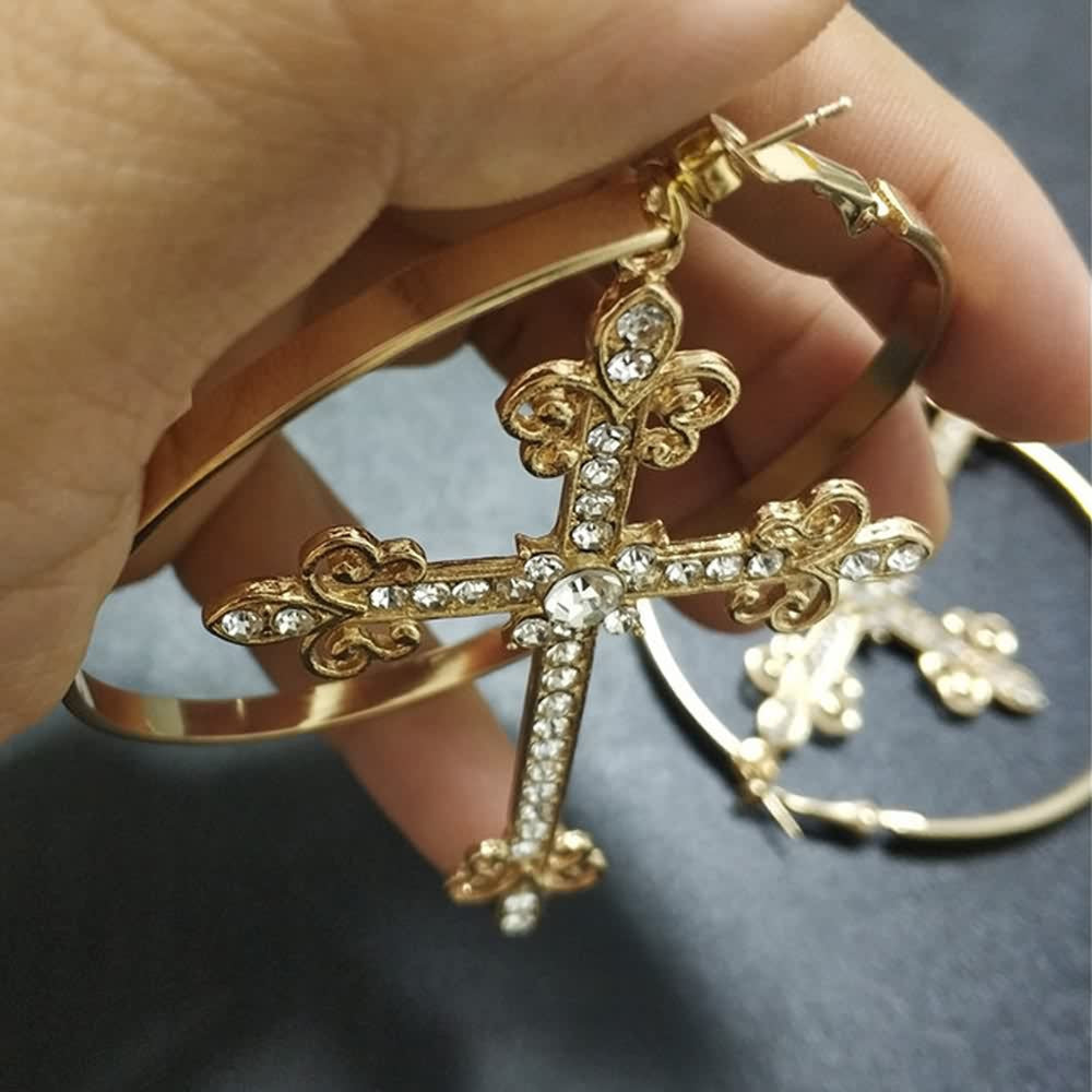 Sparkle Victorian Gothic Cross Hoop Earrings