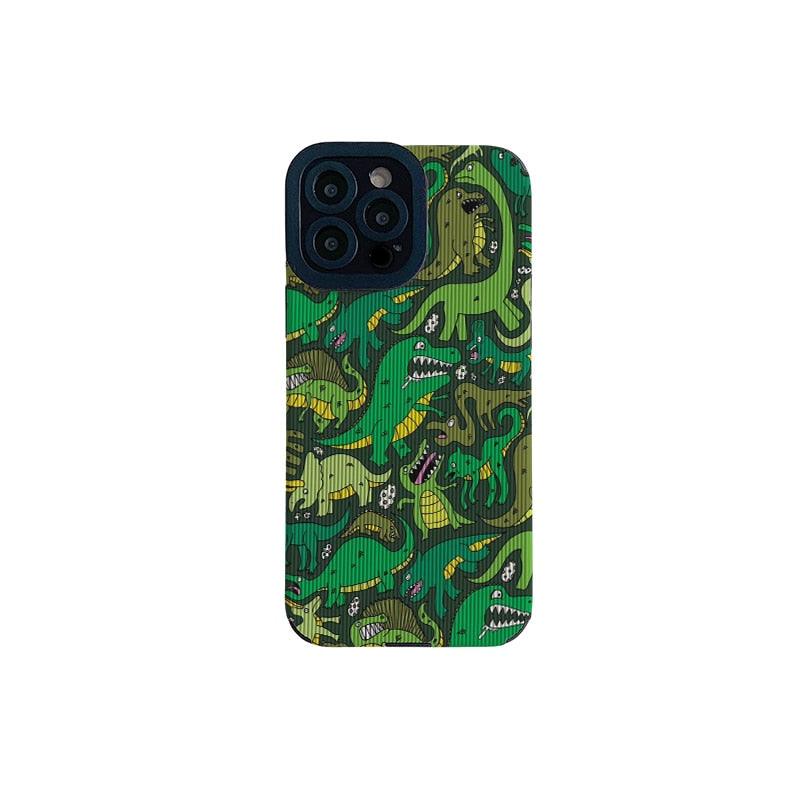 Stylish Cute Green Dinosaur Phone Case Cover for iPhone 14, 13, 12, 11 Pro Max, XR, X, XS, SE, 6, 6S, 7, 8 Plus