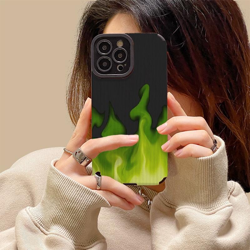 Stylish Green Flame Cute Phone Cases: Leather Covers for iPhone 14, 11, 13, 12 Pro Max, Mini, 6, 7, 8 Plus, X, XS, XR, and SE 2