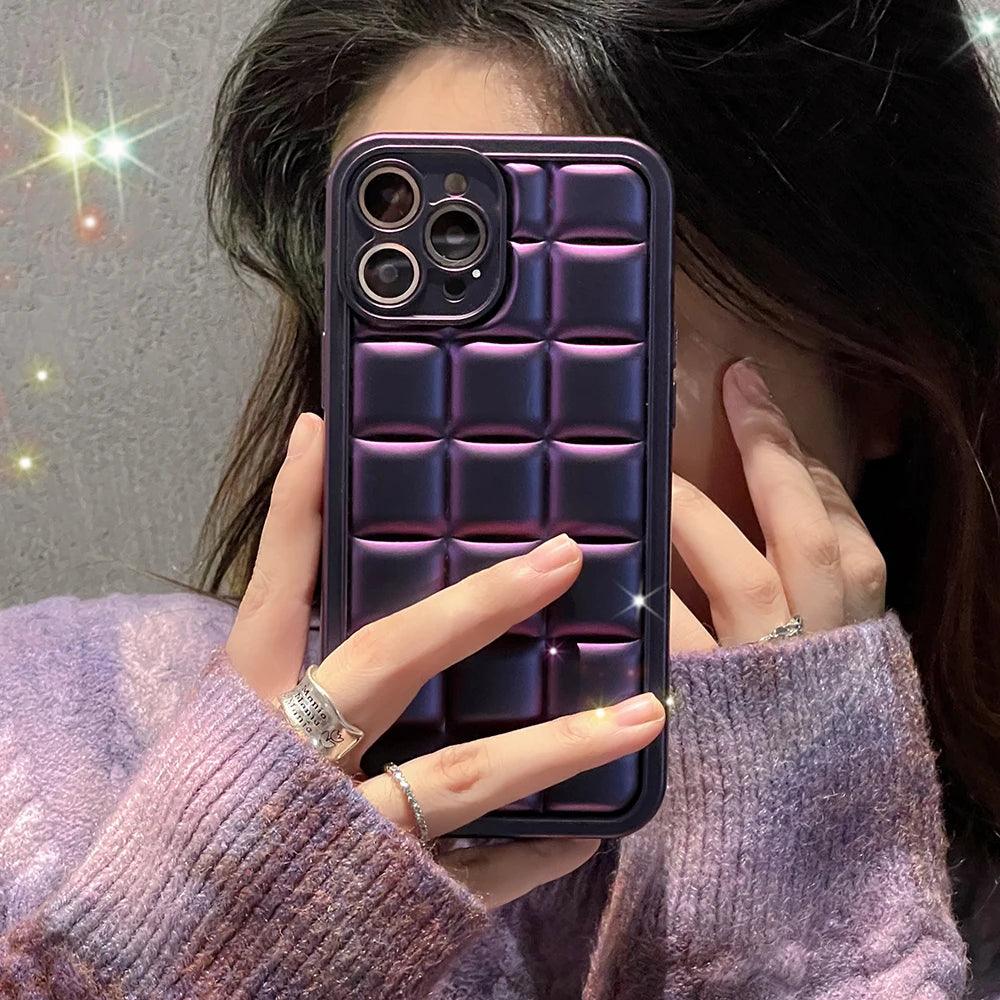 Stylish Purple 3D Square Cube Plating Cute Phone Cases for iPhone 14, 13, 12, 11 Pro Max, XS, X, XR and 14 Plus