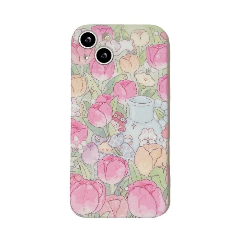 Tulip Garden Flowers Cute Phone Case - For iPhone 14, 13, 12, 11 Pro Max Cover