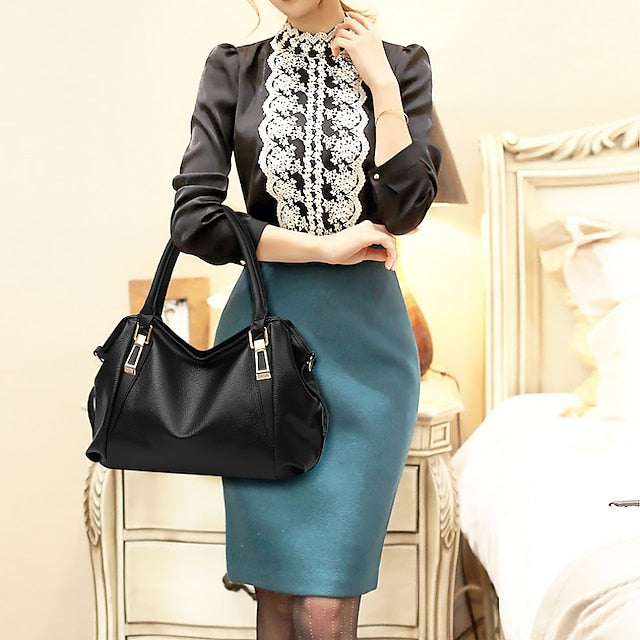 Handles  and Top Faux with Handbag Black Leather