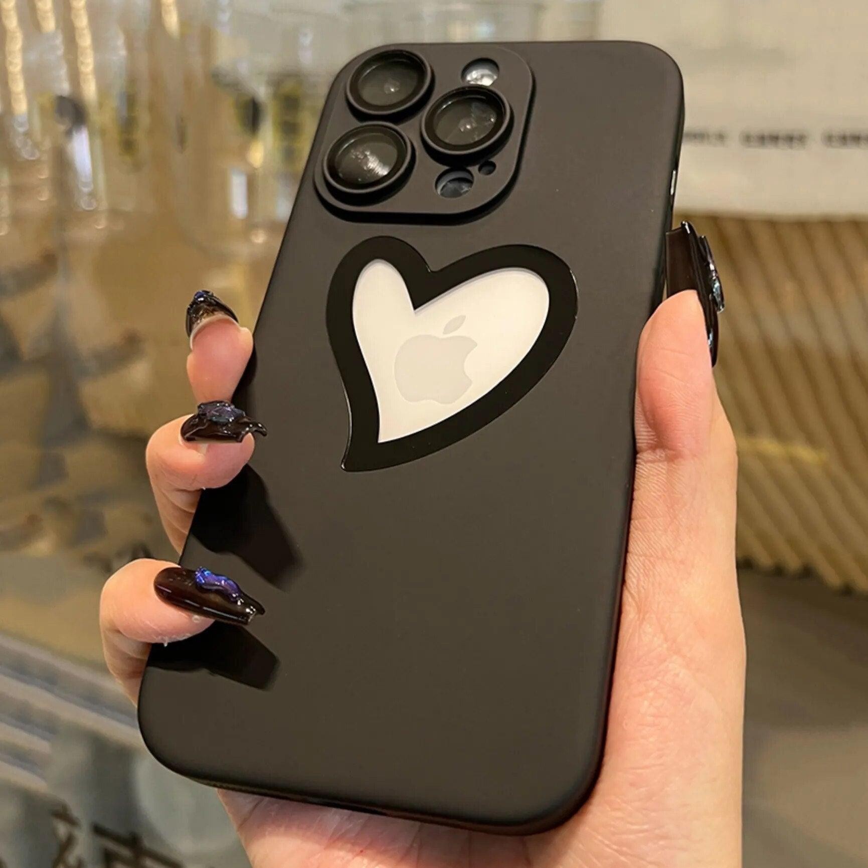 Ultra-Thin Cute Heart Hollow Phone Case for iPhone 14, 13, 12, 11 Pro Max, 14 Plus, and 11 with Matte Lens Film