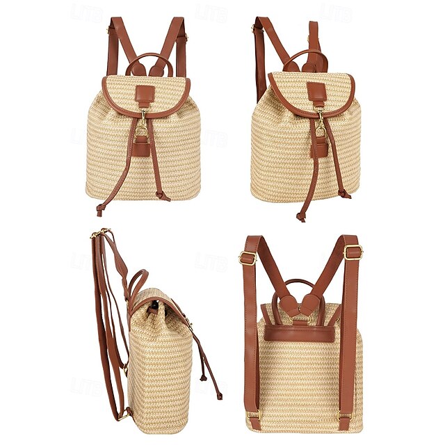 â€?Women Woven Boho Bag with Rattan for Travel Straw Backpack