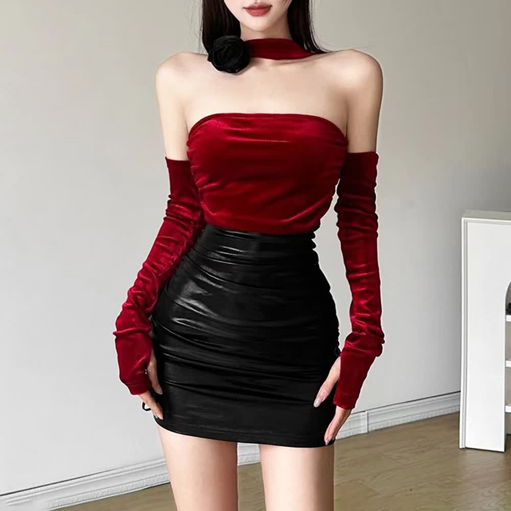 Velvet Leather Open Shoulder Mini Dress