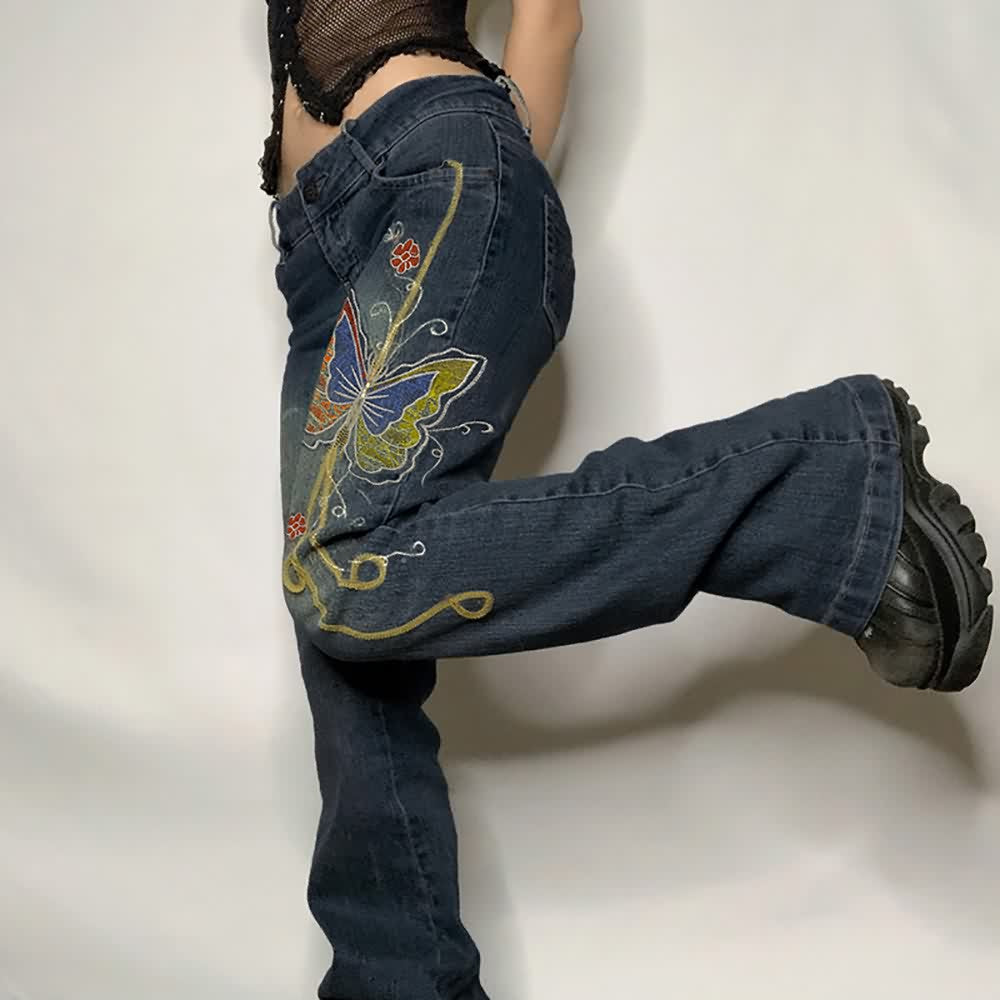 Vintage Butterfly Embroidered Denim Jeans