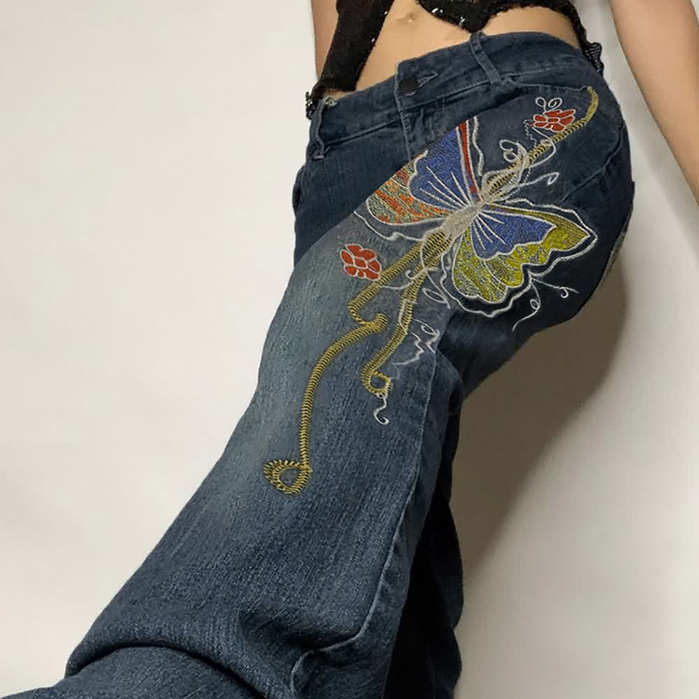 Vintage Butterfly Embroidered Denim Jeans