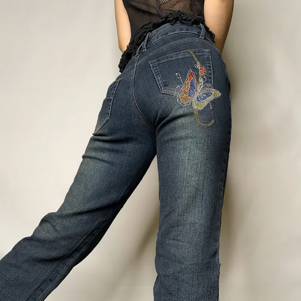 Vintage Butterfly Embroidered Denim Jeans