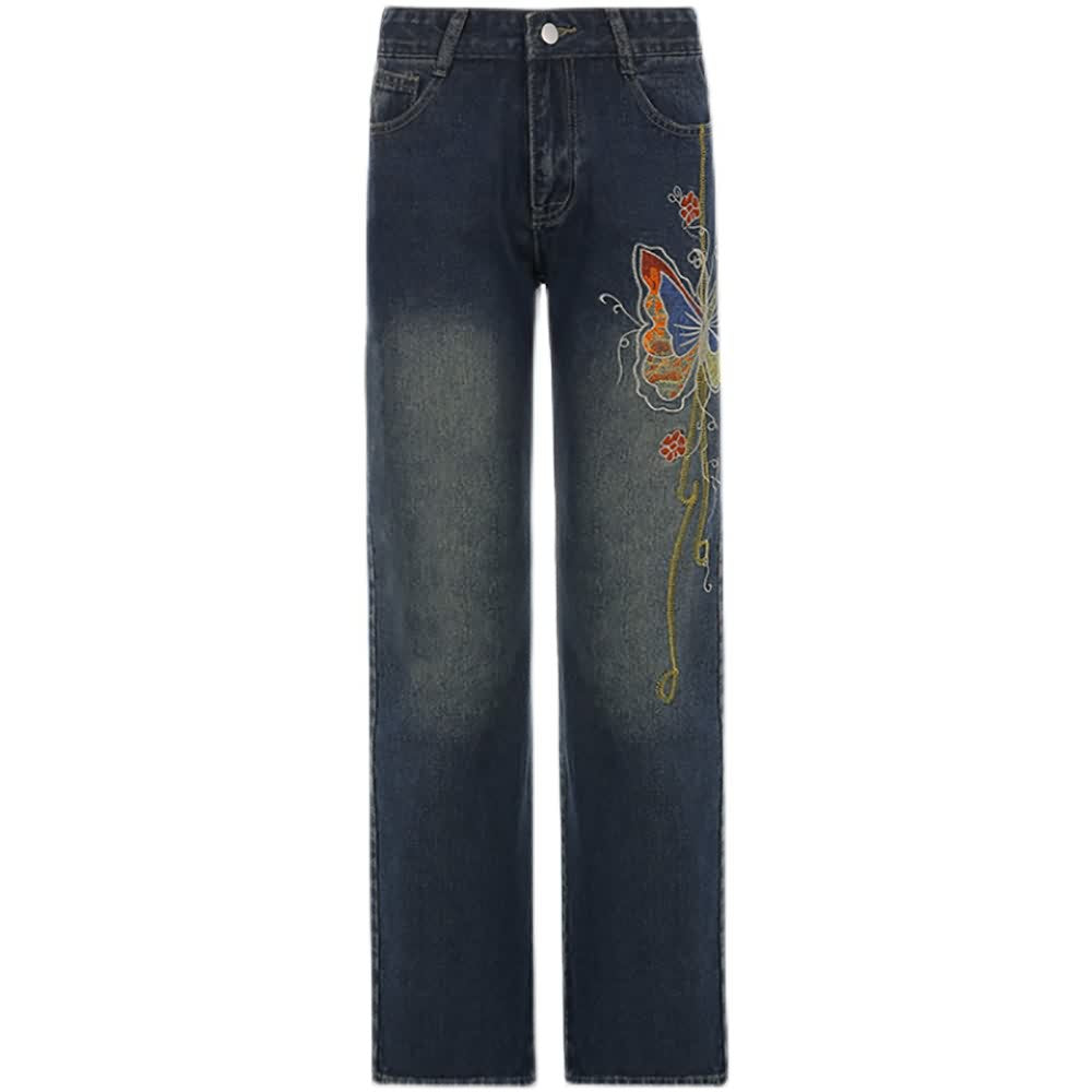 Vintage Butterfly Embroidered Denim Jeans