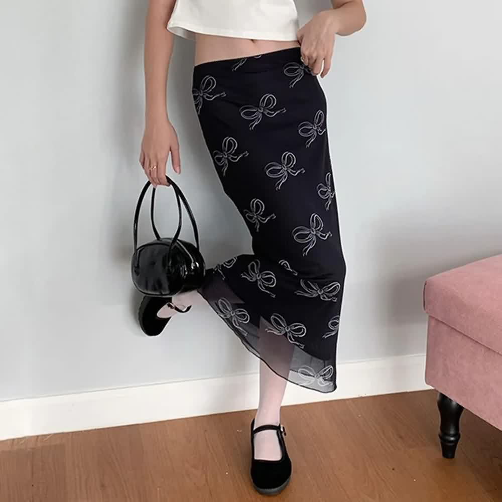 Vintage Butterfly Mesh Overlay Midi Skirt