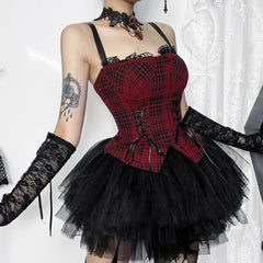 Vintage Goth Plaid Sleeveless Top And Mini Skirt Set