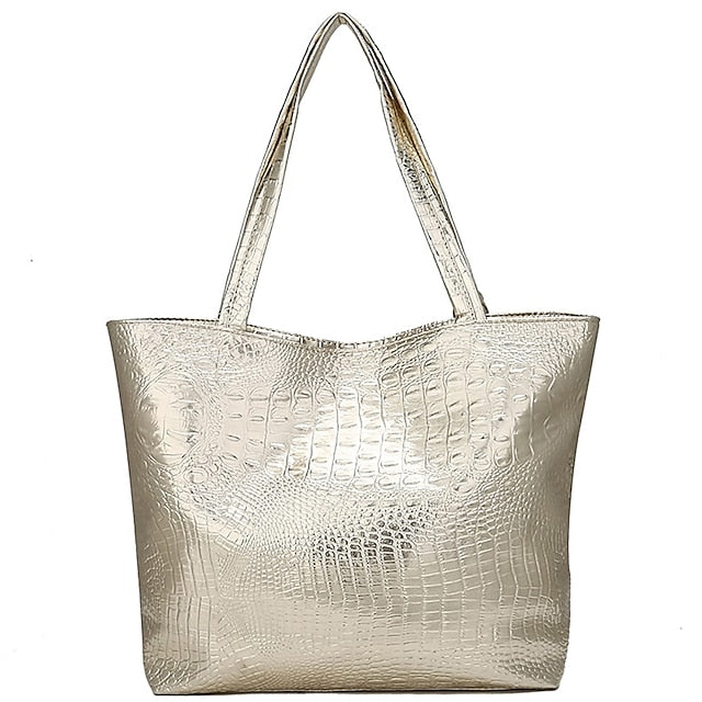 Embossed  Faux Tote | Croc Bag Silver Capacity Large
