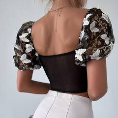 White Black Floral Embroidery Mesh Puff Sleeve Crop Top