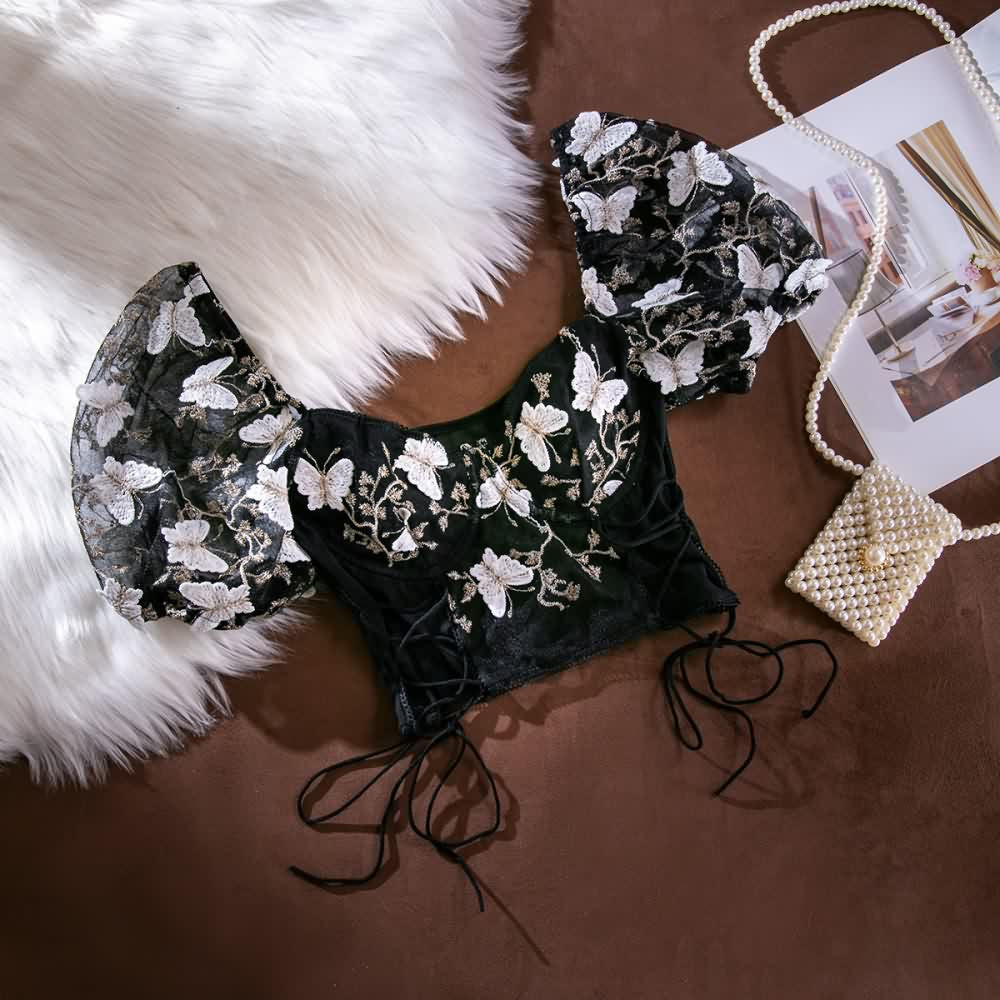 White Black Floral Embroidery Mesh Puff Sleeve Crop Top