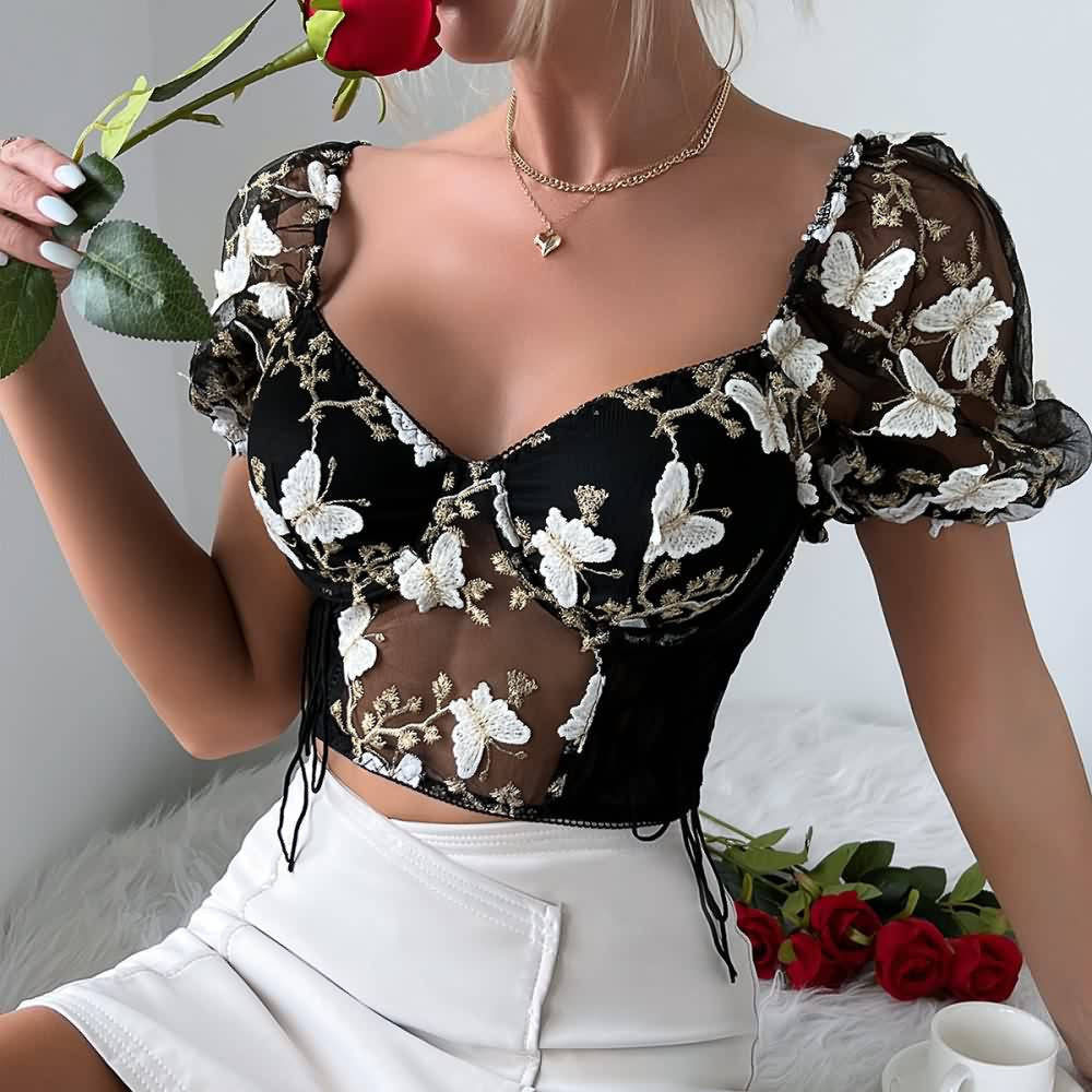 White Black Floral Embroidery Mesh Puff Sleeve Crop Top