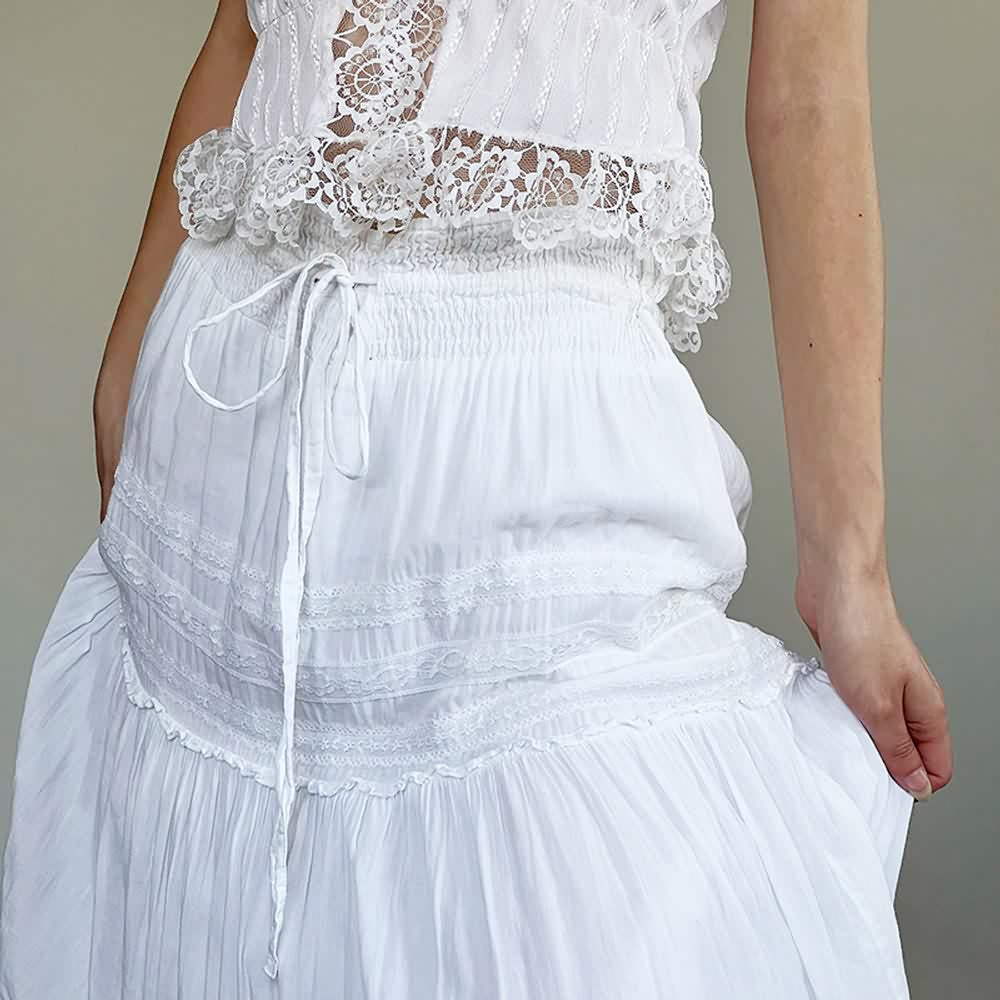 White Coquette Lace Tiered Maxi Skirt