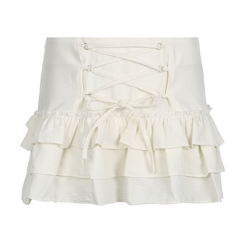 White Coquette Lace Up Tiered Mini Skirt