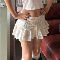 White Coquette Lace Up Tiered Mini Skirt