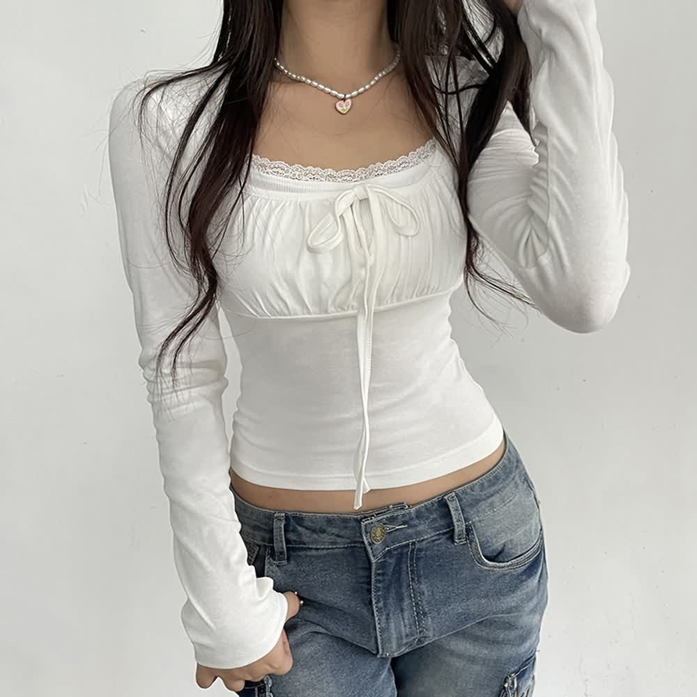 White Coquette Ruched Bust Long Sleeve Top