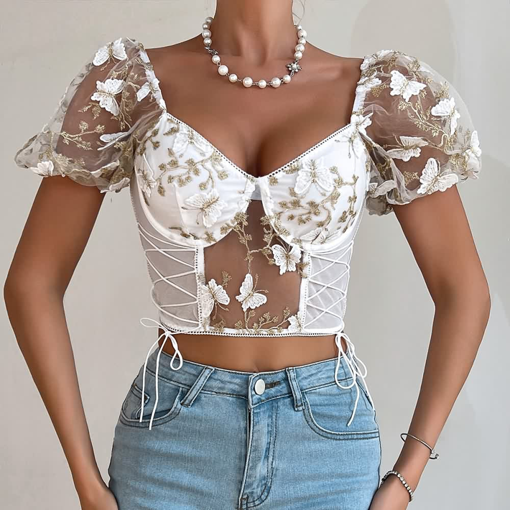 White Floral Embroidery Mesh Puff Sleeve Crop Top