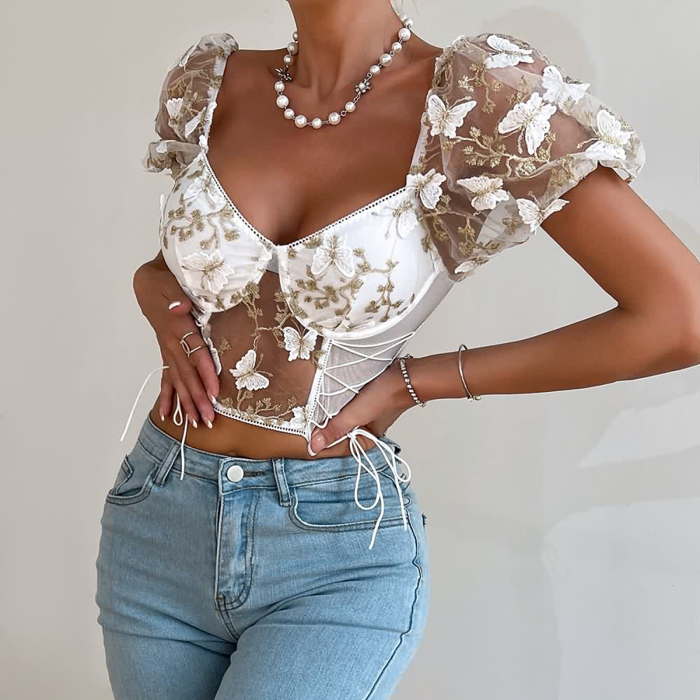 White Floral Embroidery Mesh Puff Sleeve Crop Top