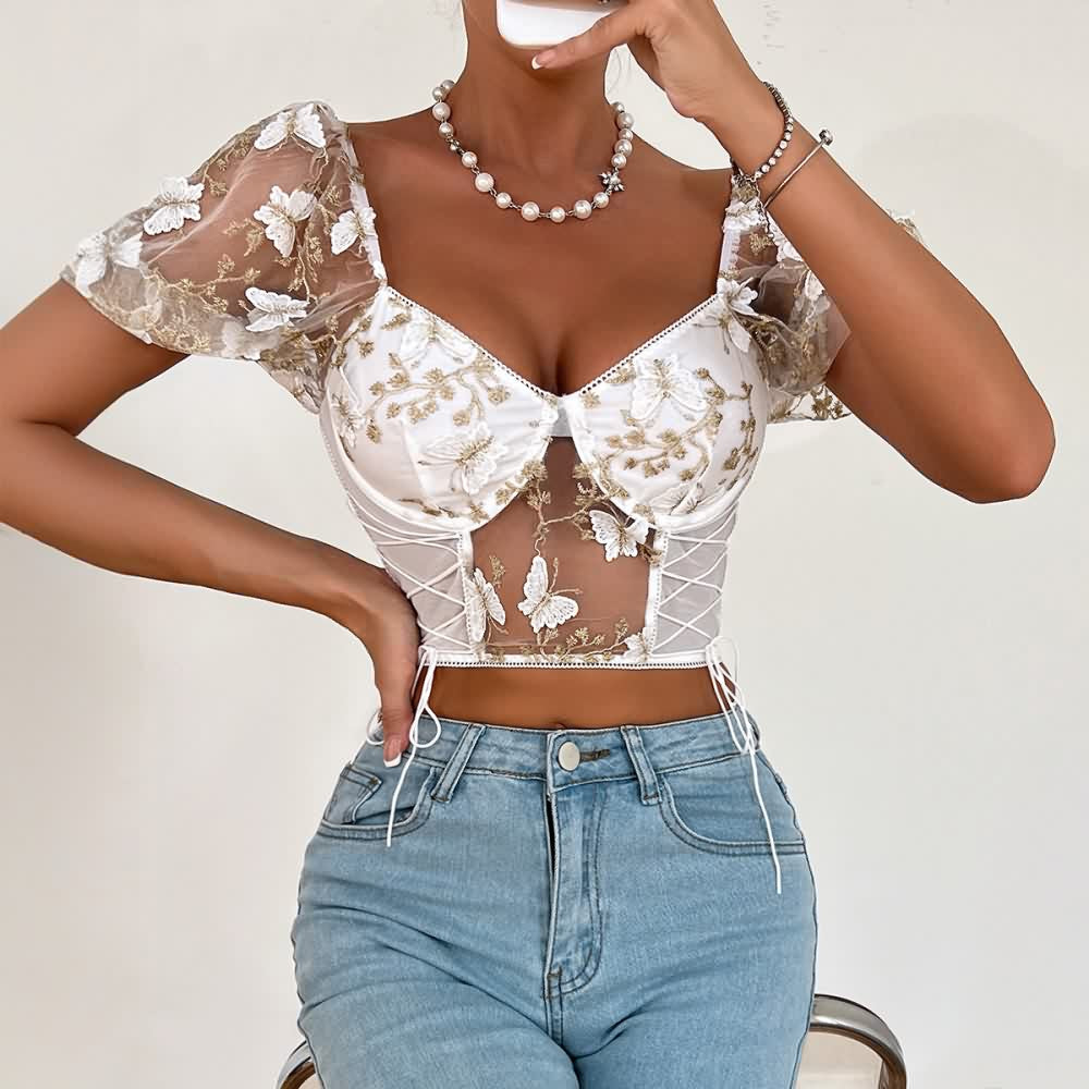 White Floral Embroidery Mesh Puff Sleeve Crop Top