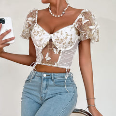 White Floral Embroidery Mesh Puff Sleeve Crop Top