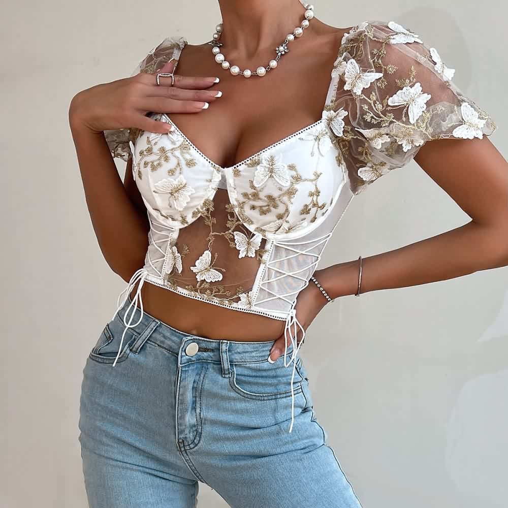 White Floral Embroidery Mesh Puff Sleeve Crop Top