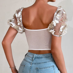 White Floral Embroidery Mesh Puff Sleeve Crop Top