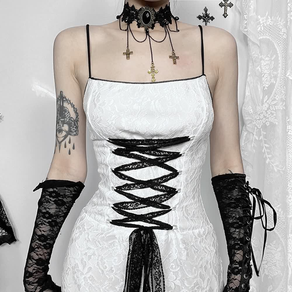 White Gothic Lace Overlay Long Dress