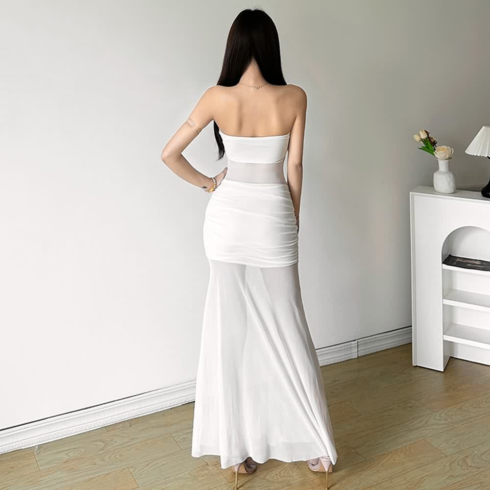 White Mesh Off The Shoulder Maxi Dress