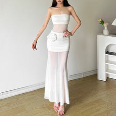 White Mesh Off The Shoulder Maxi Dress