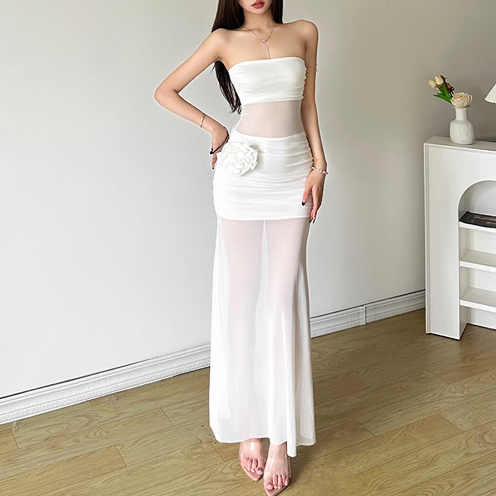 White Mesh Off The Shoulder Maxi Dress