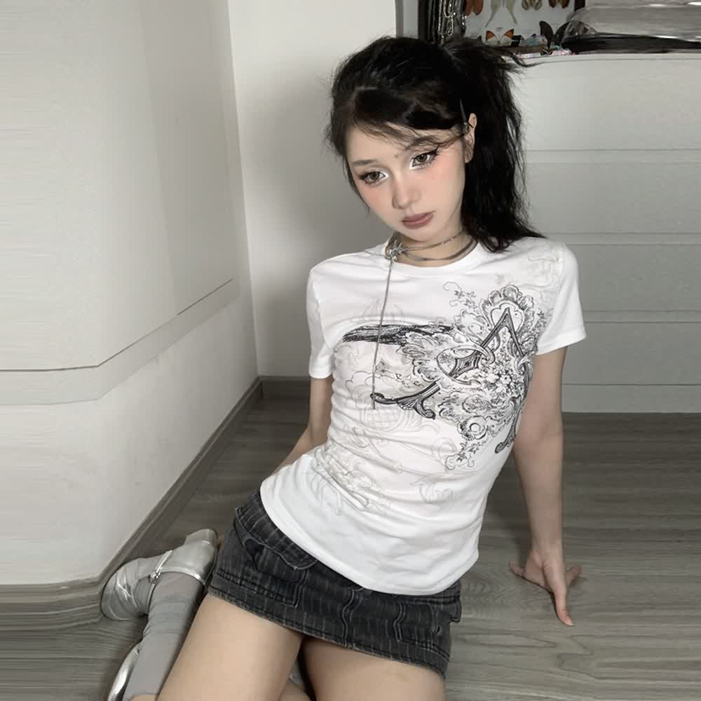 White Y2K Grunge Artwork Round Neck T-shirt