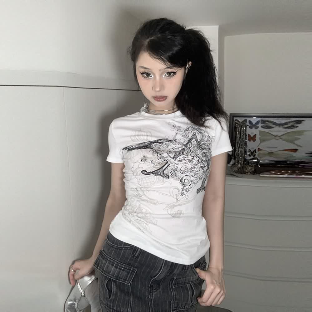 White Y2K Grunge Artwork Round Neck T-shirt