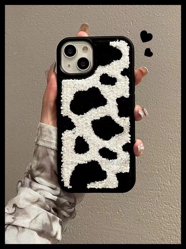 Winter Plush Cute Phone Cases for iPhone 13 Pro 12 11 7 8 X XR XS Max Black Flowers