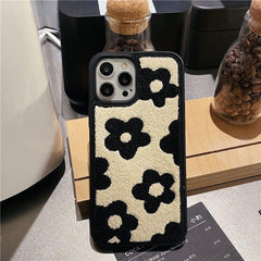 Winter Plush Cute Phone Cases for iPhone 13 Pro 12 11 7 8 X XR XS Max Black Flowers