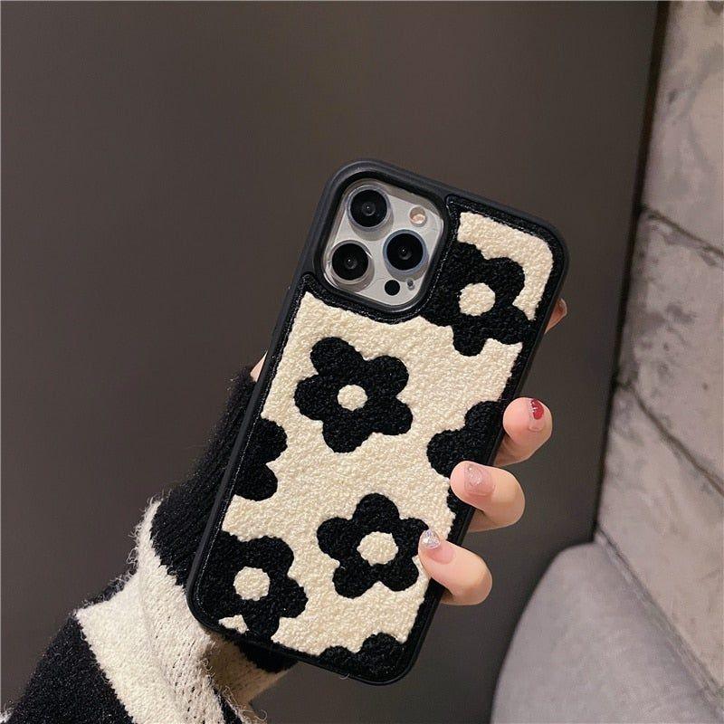 Winter Plush Cute Phone Cases for iPhone 13 Pro 12 11 7 8 X XR XS Max Black Flowers