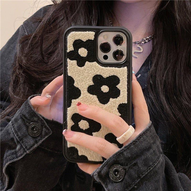 Winter Plush Cute Phone Cases for iPhone 13 Pro 12 11 7 8 X XR XS Max Black Flowers