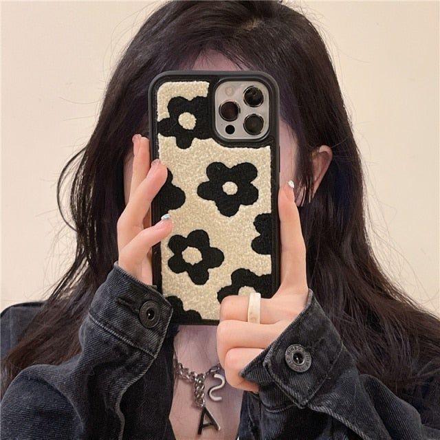 Winter Plush Cute Phone Cases for iPhone 13 Pro 12 11 7 8 X XR XS Max Black Flowers