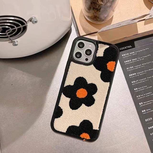 Winter Plush Cute Phone Cases for iPhone 13 Pro 12 11 7 8 X XR XS Max Orange Floral