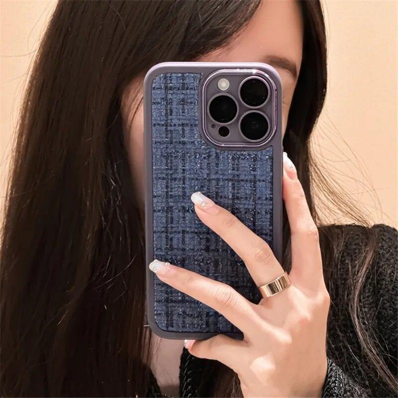 Cute Tweed Fabric Lattice Phone Case Cover For iPhone 14 13 12 And 11 Pro Max